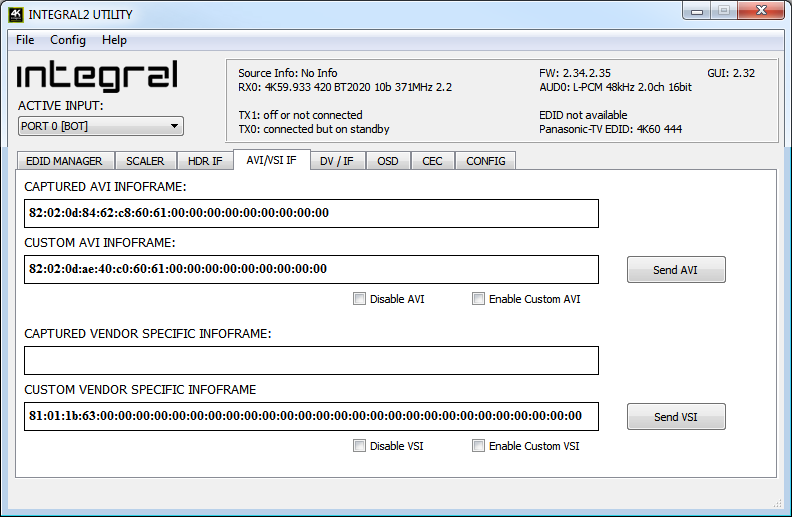 AVI/VSI INFOFRAME-Tab der Integral 2-USB-GUI