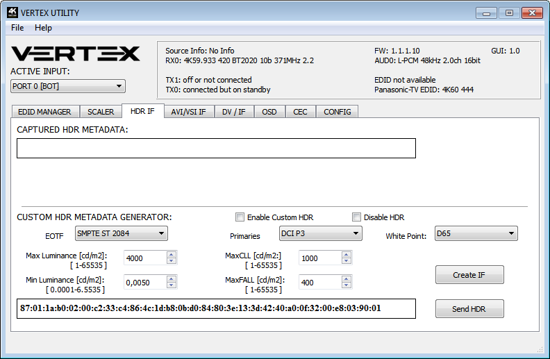 HDR INFOFRAME-Tab der USB-GUI mit dem Generator f&uuml;r eigene HDR-Metadaten